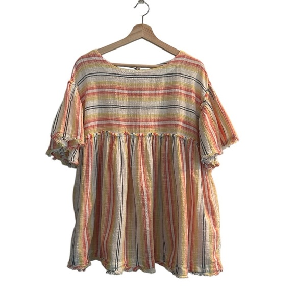Free People Yellow Boho Tunic Babydoll Dress Size XS Cotton Fringe Oversized - Picture 3 of 11